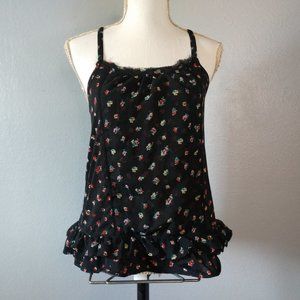 Myth NYC Womens Medium Black Floral Tank Top Ruffle Gothic Strappy Fringe